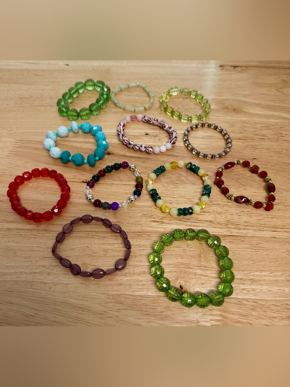 Mixed Green Glass Bead Stretch Bracelet